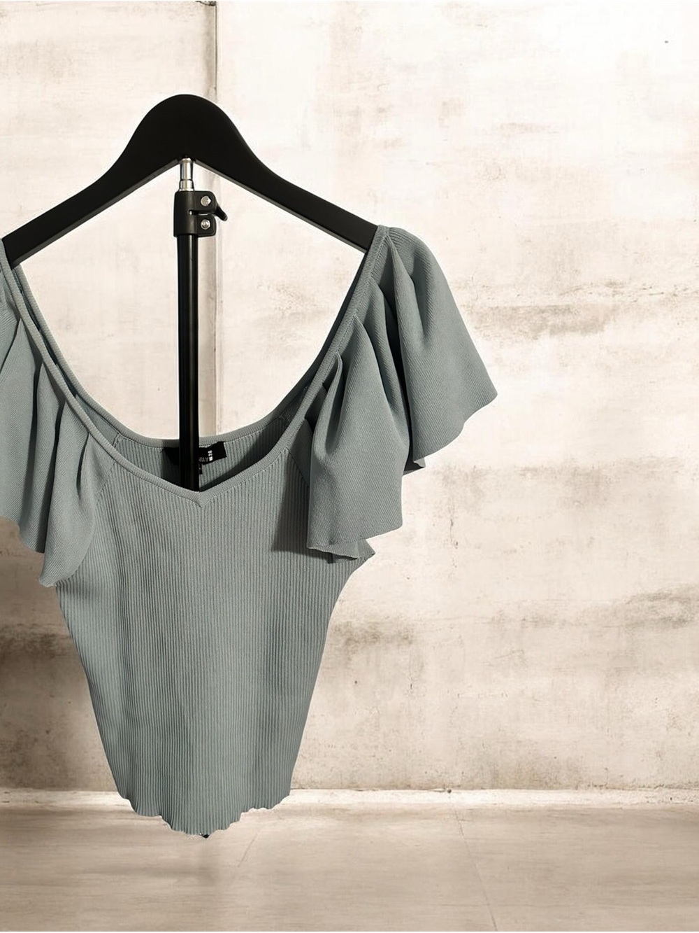 Off-Shoulder Ribbed Ruffle Crop Top - Sage Green - Picture 1 of 3